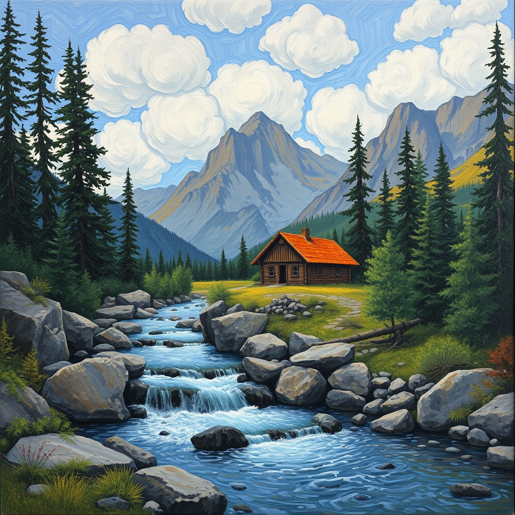 This Van Gogh-inspired painting depicts a peaceful scene of a small cabin located near a flowing river. The scene is surrounded by lush vegetation, including tall trees and rocky terrain. In the background, majestic mountains rise under a sky filled with rolling clouds. The river gently cascades over the rocks, adding a sense of movement and tranquility to the scene. The use of vibrant colors and detailed brushstrokes create a sense of depth and harmony in the natural setting.