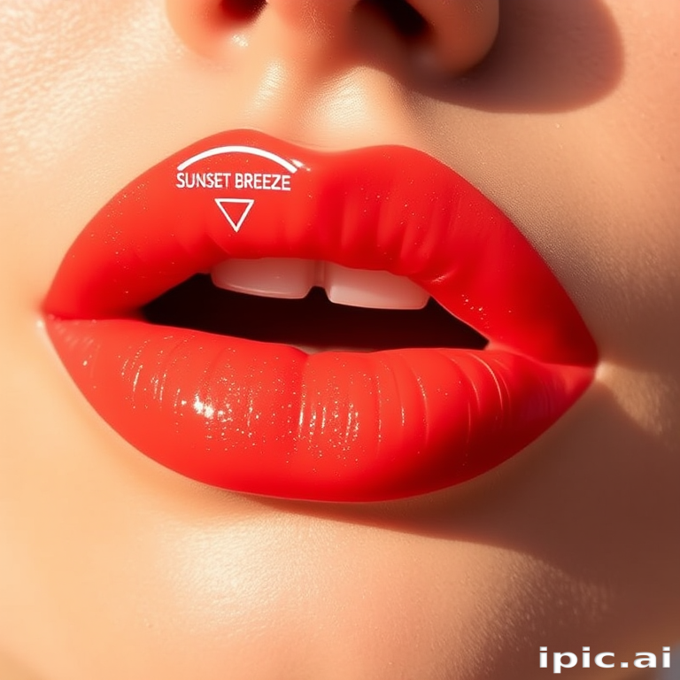Vibrant coral "Sunset Breeze" lip color with a glossy finish, featuring subtle gold shimmer and a plumping effect, perfect for summer evenings and beach parties