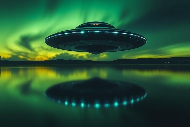 A surreal landscape featuring a large UFO hovering over a calm lake under a mystical green sky, with reflections in the water, captured at dusk using a DSLR camera with a 24mm lens, f/2.8 aperture, ISO 400, and a long exposure of 10 seconds to enhance light capture and detail.