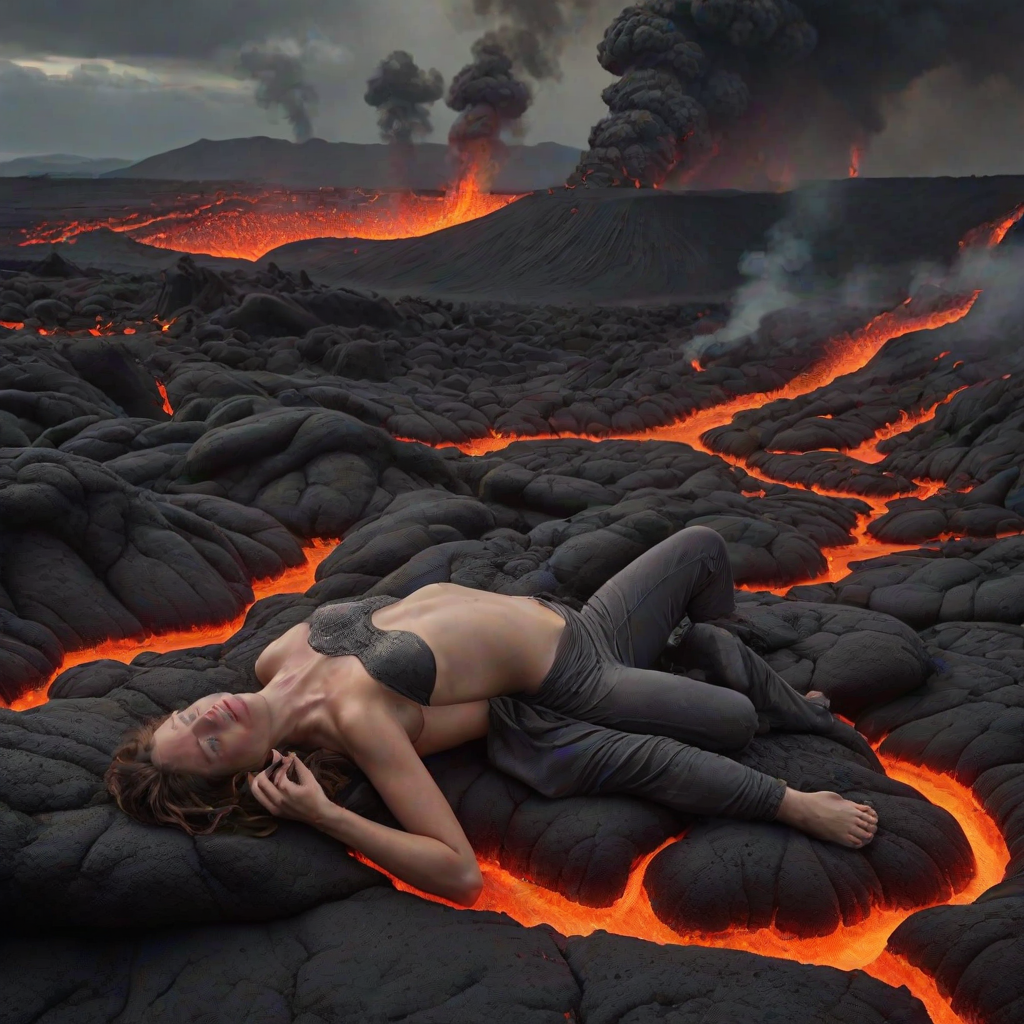 A surreal, detailed image of a woman lying comfortably in flowing lava, with gray smoke rising around her. She appears relaxed despite the molten surroundings, with a volcanic landscape and distant mountains in the background. The scene is vivid, with the bright lava contrasting against the dark, smoky atmosphere.