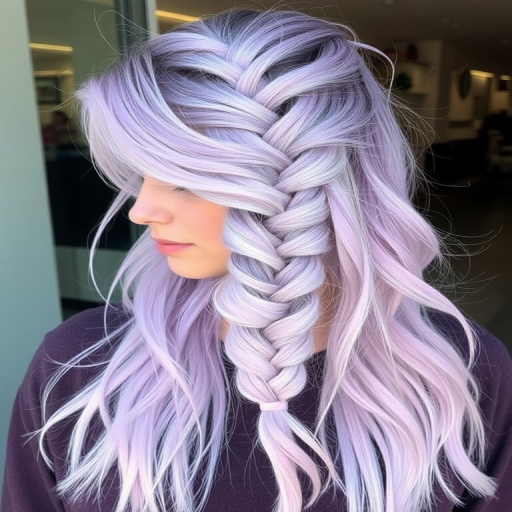 Striking silver-lavender balayage melts seamlessly from dark roots to pastel ends, styled in a messy fishtail braid with wispy tendrils framing the face