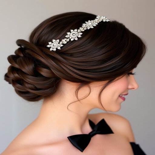 Elegant low chignon in chocolate brown, adorned with a vintage-inspired jeweled headband and soft tendrils, perfect for a timeless black-tie affair