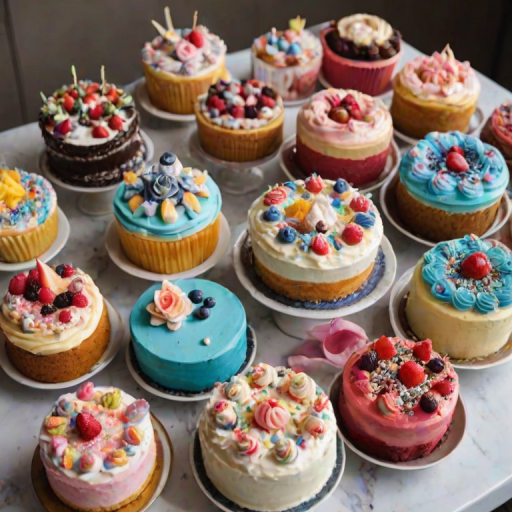 Create an image of a variety of colorful cakes arranged on a table. Include cakes with different designs, such as floral decorations, drips, and sprinkles. Ensure there are at least three cakes with unique color schemes and toppings, showcasing a mix of pastel and vibrant colors. The setting should be bright and cheerful, emphasizing the delightful appearance of the cakes.
