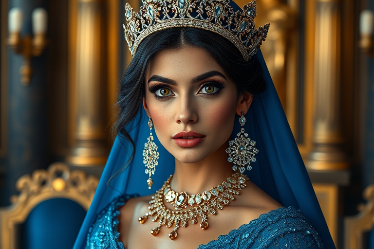 A gorgeous Coptic woman in a luxurious blue gown, accessorized with a dazzling tiara and statement earrings, her deep Yellow eyes highlighted by impeccable makeup, poised in a royal setting, photorealistic, 8K quality