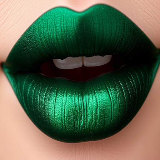 Mysterious "Enchanted Forest" lip stain creates a deep emerald green hue on perfectly shaped lips, featuring a long-lasting formula with a subtle metallic sheen