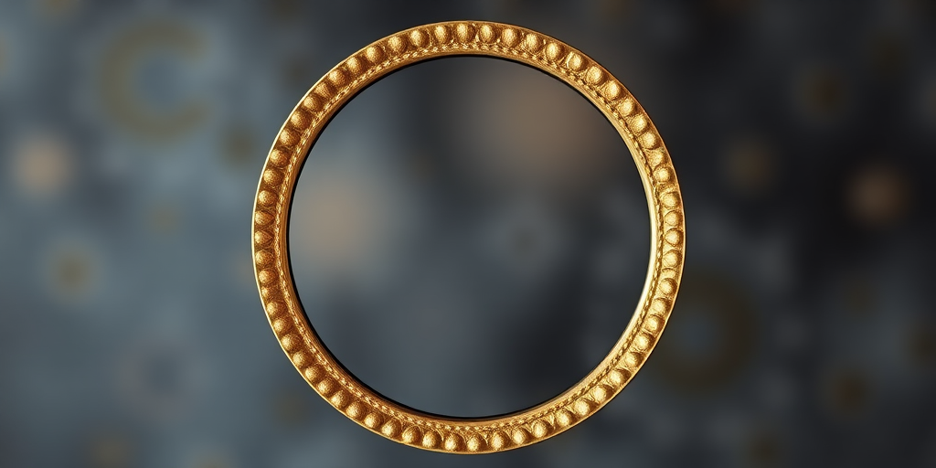 Create a high-resolution circular image with a textured gold border, using a DSLR camera with a 50mm lens at f/1.8, ISO 200, and a 1/100 sec shutter speed, capturing a soft-focus background for enhanced depth.