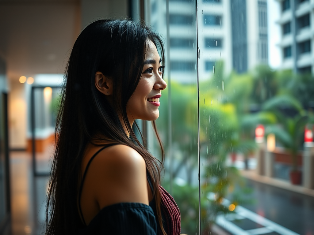 Create an image of a young woman with long dark hair standing in a rainy urban setting, smiling softly while looking out a window, capturing soft natural lighting, depth of field, and vibrant greenery in the background; use a Canon EOS R5, 50mm lens, f/1.8 aperture, ISO 200, and a warm color palette for enhanced image quality.