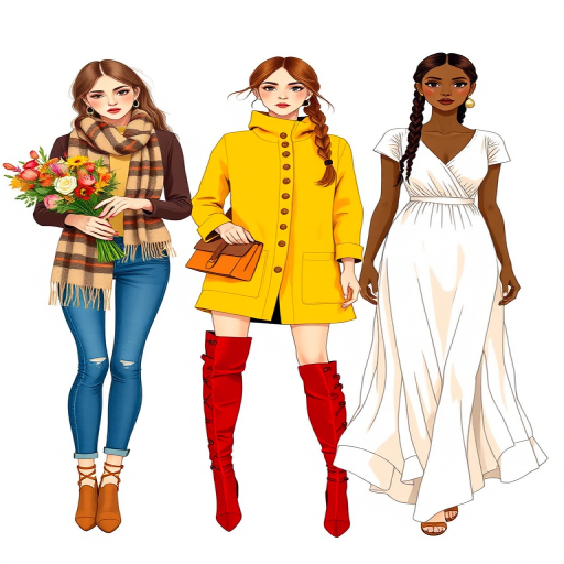 Create a vibrant illustration of three fashionable women in fall attire, one holding a bouquet of flowers, wearing a patterned scarf, another in bright yellow with knee-high red boots, and the last in a flowing white dress with braided hair, captured with a Canon EOS R5, 50mm lens, f/1.8, ISO 100, natural lighting, from a frontal view to enhance detail and color vibrancy.