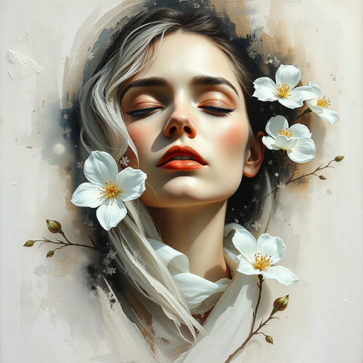 An ethereal woman emerges from a textured canvas, a modern abstract portrait shrouded in delicate mystery. Bold, expressive brush strokes, dynamic interplay of light and shadow. whites and creams, sense of purity and timelessness. Floral motifs bloom around her