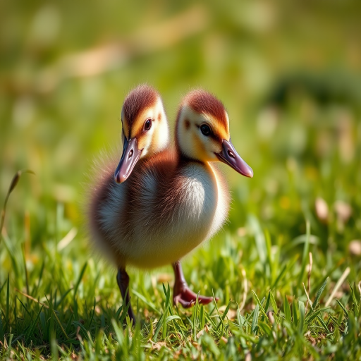 create a high-resolution image of a brown and white duckling walking on green grass with a shallow depth of field, using a Canon EOS 5D Mark IV, 50mm f/1.8 lens, ISO 200, shutter speed 1/200s, in natural daylight for vibrant colors and clarity.
