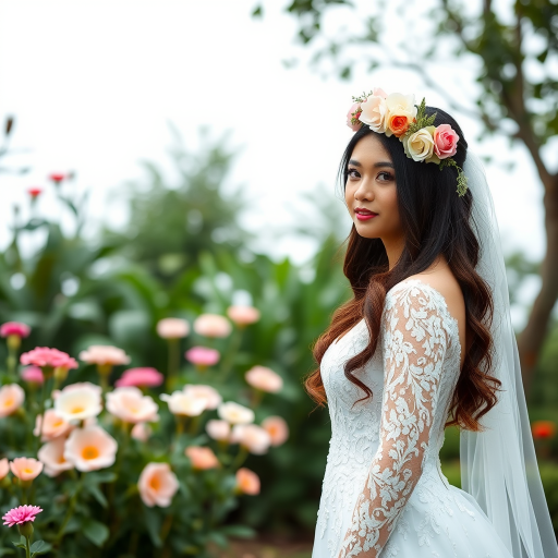 garden scene, Filipina bridal model, delicate lace gown, floral headpiece, soft romantic focus, high-key lighting and an 85mm lens for soft, even tones that highlight the model’s face and bright outfit against a white or light background