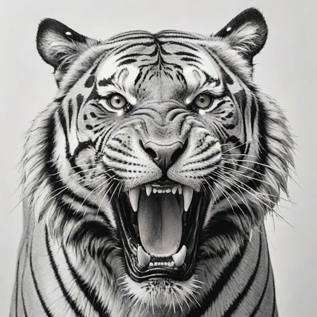 Abstract black and white acrylic portrait of an over exaggerated laughing (tiger). Minimalism style. White background.