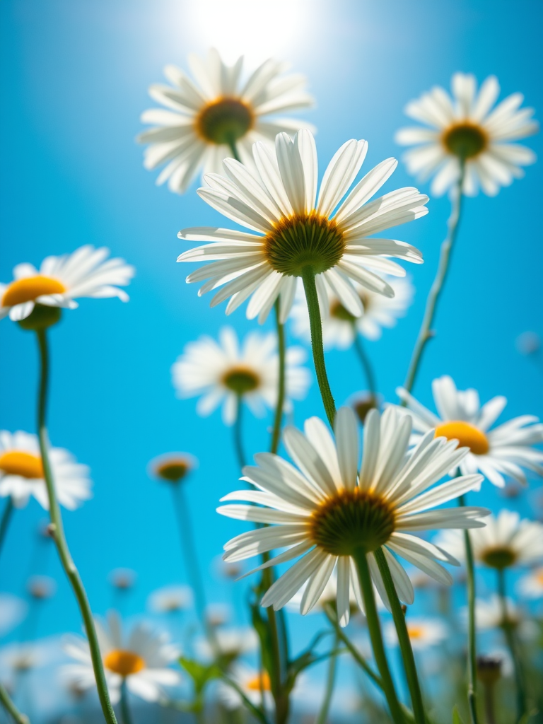 high-resolution macro shot of blooming daisies against a bright blue sky, aperture f/2.8, shutter speed 1/500s, ISO 100, 50mm lens, taken with a DSLR camera from a low angle for a dynamic perspective