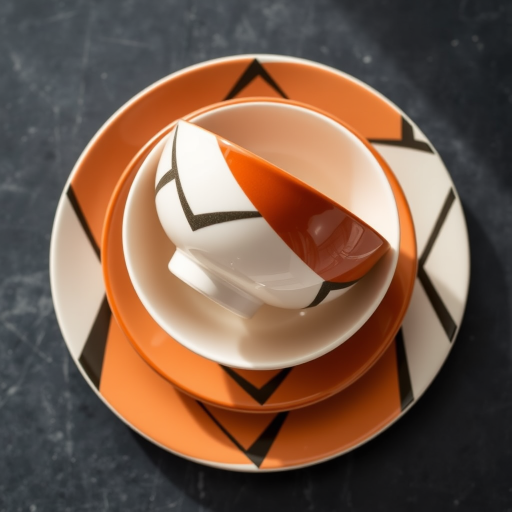 Generate an image of a stacked plate and bowl set with modern geometric designs and a glossy finish, shot with a DSLR camera at f/2.8 aperture, ISO 100, 50mm lens, natural light for clarity and brightness, top-down view for a clean presentation.