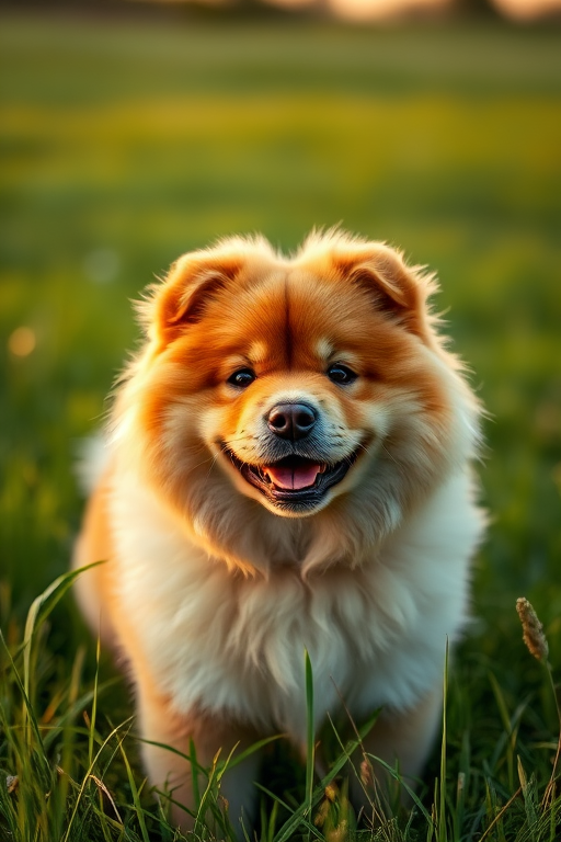 Candid portrait of a fluffy Chow Chow dog in a lush green field during golden hour, shallow depth of field, f/2.8 aperture, ISO 200, 50mm lens, soft natural lighting, DSLR camera.