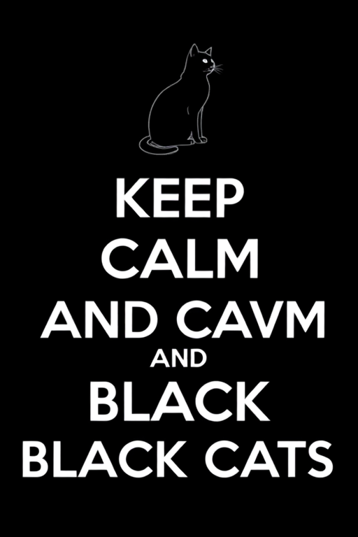 Create an image featuring the phrase "KEEP CALM AND LOVE BLACK CATS" in bold white letters on a solid black background, with a silhouette of a sitting cat above the text, shot with a DSLR camera at f/2.8 aperture, 50mm lens, 1/125s shutter speed, using soft natural lighting for enhanced clarity and contrast.