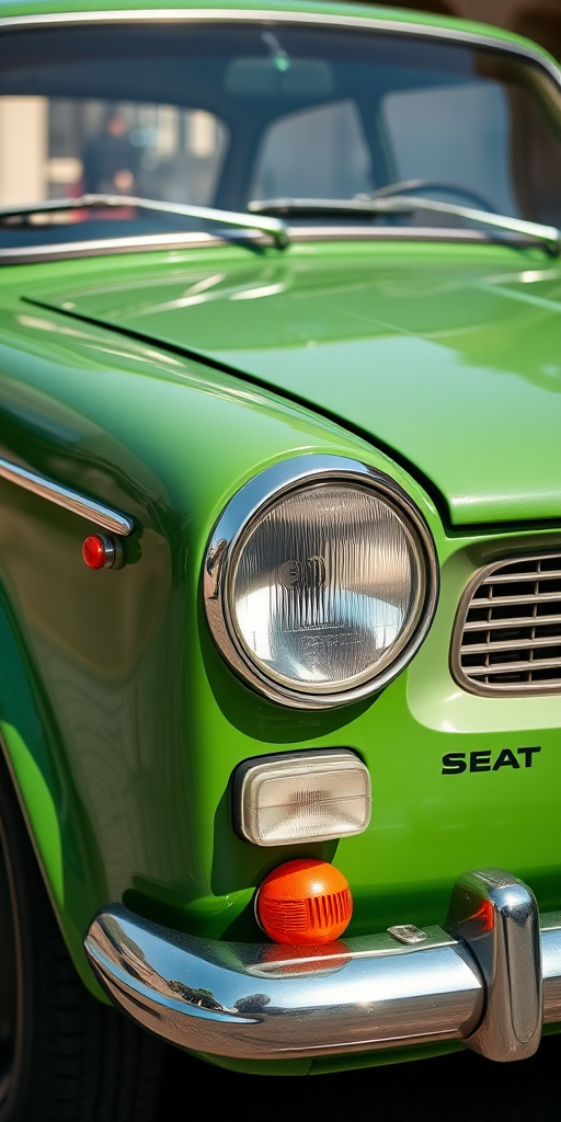 regenerate image of a vintage green SEAT 1500D car with a clear view, taken with a DSLR camera at f/8 aperture, ISO 100, 1/125 second shutter speed, with natural lighting, ensuring high detail and vibrant colors in a slightly angled front view.