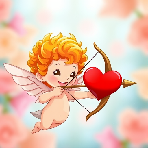 Create an illustration of a cute cartoon character resembling a cherub with orange curly hair, holding a bow and arrow aimed at a red heart, with a vibrant, cheerful background; use a DSLR camera with a 50mm lens, aperture f/1.8, ISO 100, and natural lighting for a soft focus effect and rich colors.