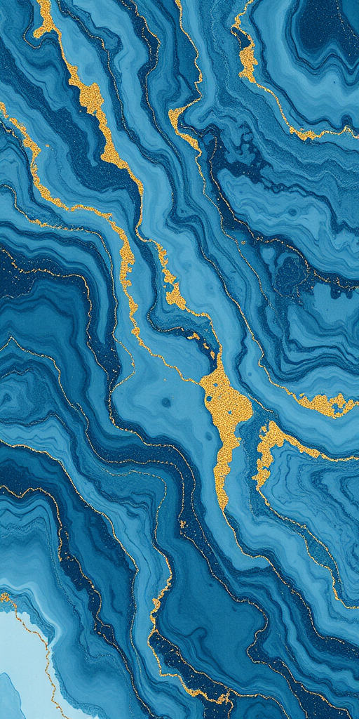 Create a high-resolution abstract image of fluid marble textures in shades of blue and gray with gold accents, using a Canon EOS R5 with a 50mm f/1.2 lens, aperture set to f/8, ISO 100, and in natural soft lighting.
