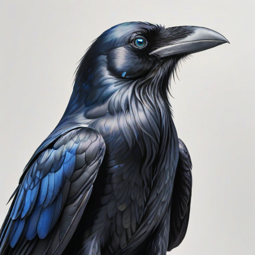 create a detailed illustration of a raven standing upright with black feathers and striking blue eyes on a white background
