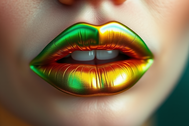 Duochrome lips shifting from emerald to gold, smooth and seamless color transition, mesmerizing and unique effect, captivating Mermaid Scale Morph aesthetic