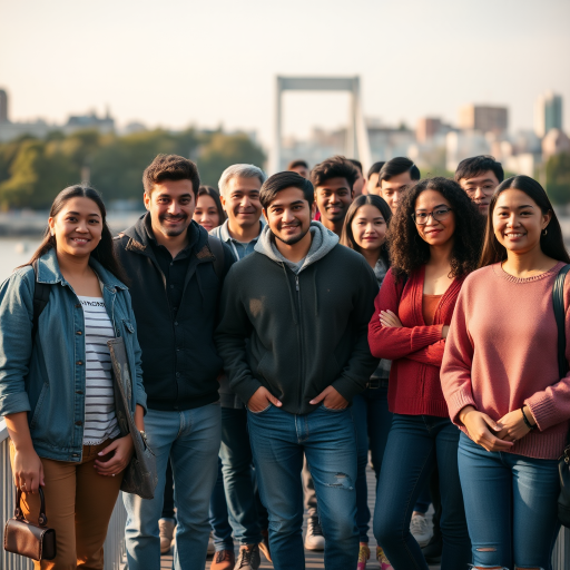 regenerate an image of a diverse group of people standing together on a bridge during the day with a shallow depth of field, 50mm lens, f/2.8 aperture, ISO 100, natural lighting, focus on facial expressions, taken with a DSLR camera in portrait orientation