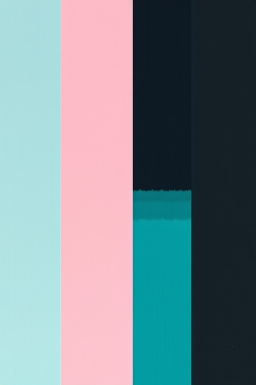 Create a high-resolution digital abstract image featuring vertical stripes in varying widths, using a color palette of pastel blue, soft pink, rich black, and vibrant teal, captured with a Canon EOS R5, 50mm lens, f/8 aperture, ISO 100, natural lighting, and a straight-on view for clarity.
