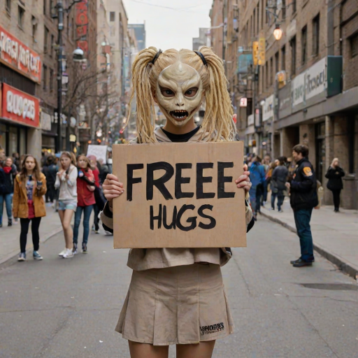 cinematic, 1girl  (with cheerleader outfit and blonde hair) standing with a cardboard sign (with "FREE HUGS" text logo),a small fchgr covering her  face, downtown street background, <lora:Xenomorph_Facehugger_v2.0_SDXL:0.8>,  <lora:Harrlogos_v1.1:1>