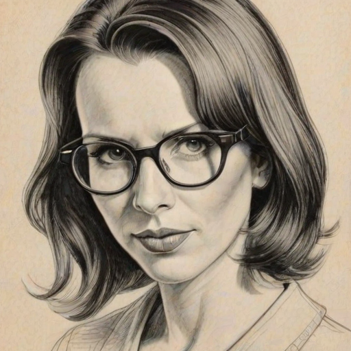 Comely Shawnee Smith, pencil sketch, portrait of Bewitching woman 1952s in glasses, hair style beatnik, outline, clear lines, fine lines, 8k