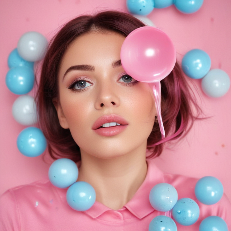 Whimsical Portrait of a Young Woman Surrounded by Colorful Bubbles and ...