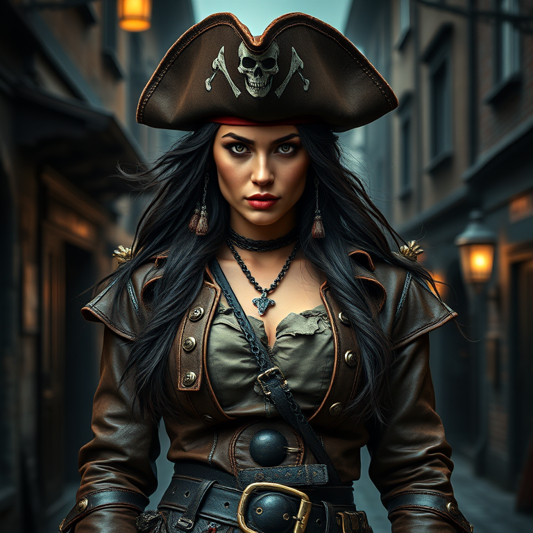 Create a portrait of a fierce female pirate. She wears a leather tricorn hat adorned with a skull and crossbones emblem, and her long, dark hair flows around her face. Her outfit consists of a richly detailed leather jacket, a corset, and multiple layers of belts and accessories, giving her a formidable and stylish appearance. She stands confidently in a dimly lit, historic port town, with a backdrop of weathered buildings and cobblestone streets, capturing the adventurous spirit of a pirate.