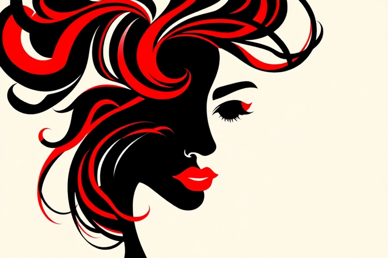 Create a high-resolution vector illustration of a stylized face with swirling hair in black and red, using a Canon EOS R5 camera with a 50mm f/1.2 lens, aperture set to f/4, ISO 100, and a top-down view to enhance details and colors.