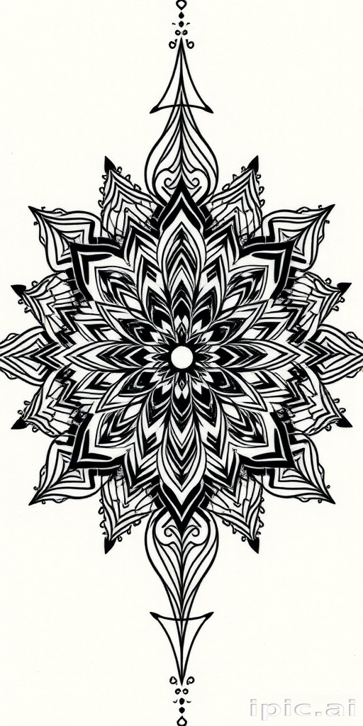 Intricate blackwork tattoo called "Geometric Odyssey" showcasing a complex pattern of interconnected shapes and lines forming a mandala-inspired design with bold contrasts and precise symmetry