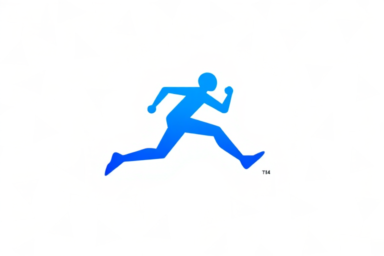 Create a dynamic running figure logo in blue on a white background, using a DSLR camera with a 50mm lens, aperture set to f/2.8 for depth of field, ISO 100 for clarity, shot from a low angle to emphasize motion, capturing vibrant colors and sharp details.