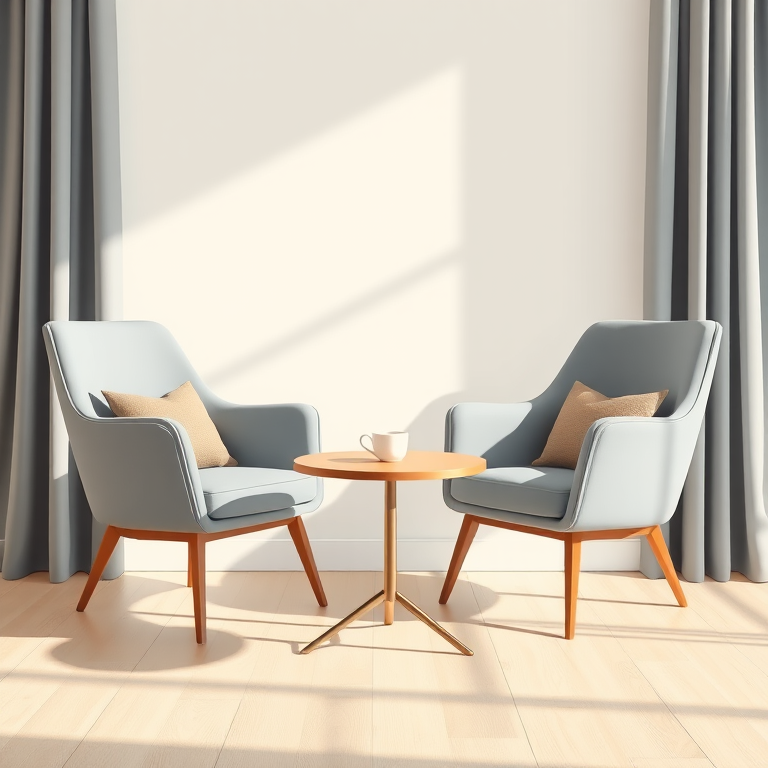generate a digital illustration of two stylish armchairs and a round table with a coffee cup, use a high-quality camera setting with a focal length of 50mm, aperture set to f/2.8, a depth of field effect, captured from a slightly elevated angle, using a digital camera in a modern and clean style for enhanced image quality