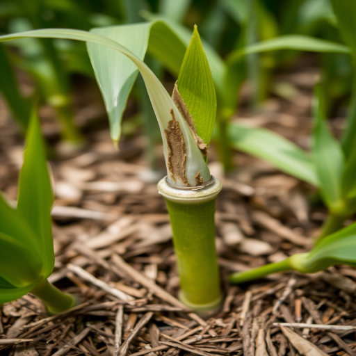 Capture a close-up shot of a bamboo shoot emerging from the ground, surrounded by vibrant green leaves and mulch, using a DSLR camera with a 50mm lens, aperture set to f/2.8 for shallow depth of field, shutter speed of 1/200s, and ISO 200, in natural light for enhanced detail and texture.