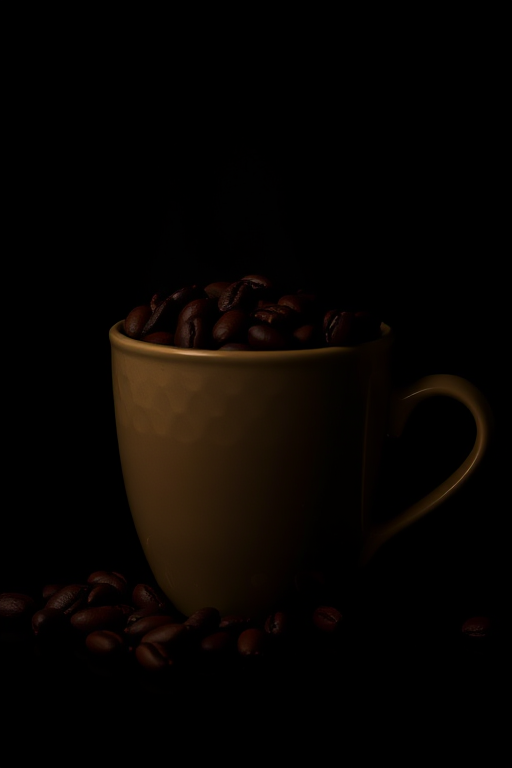 Create an enhanced image of a coffee cup silhouette filled with coffee beans, capturing it with a Canon EOS R5 camera, 50mm lens, f/1.8 aperture, ISO 100, in low light to emphasize contrast against a black background.