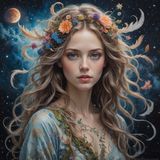 Create a series of imaginative portraits where each subject is infused with elements of fantasy and nature. The hair of the individuals should flow like clouds, varying from soft, fluffy cumulus to wispy cirrus strands, with hints of color reflecting a sunset or a clear blue sky. The eyes should be windows to entire galaxies, with stars, nebulae, and distant planets visible within them. Clothing should be adorned with nature motifs, such as floral patterns that bloom and change, vines that seem to grow and wrap around, or feathers that shimmer with iridescence. Each portrait should capture a unique personality, blending human features with the ethereal beauty of the natural and cosmic world. The backgrounds can vary, from starry night skies to enchanted forests, adding depth and context to the magical realism of the portraits