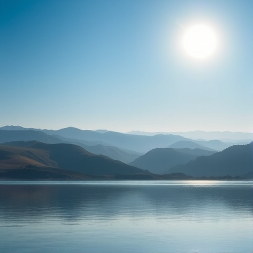 Create a serene landscape featuring rolling hills under a bright, large sun, with soft gradients in the sky transitioning from deep blue to lighter shades, gentle reflections on a calm body of water in the foreground, captured with a DSLR camera at ISO 100, f/8 aperture, 1/200s shutter speed, using a wide-angle lens for an expansive view.