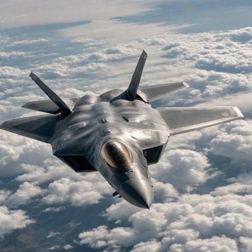 a high-resolution photograph of a military jet, specifically a F-22 Raptor, soaring through the sky. The aircraft is depicted in a sleek, metallic gray and beige color scheme, with visible markings and insignia on its fuselage. The jet's wings and tail are angled slightly, giving a sense of dynamic movement. The cockpit canopy is transparent, allowing a glimpse of the pilot's seat and instruments inside. The background is a vast expanse of fluffy white clouds, stretching across the sky with a subtle gradient of light and dark shades, indicating a clear, sunny day. The clouds are thick and textured, with visible wisps and tendrils that add depth to the image. The overall scene conveys a sense of speed and agility, with the jet slicing through the clouds with precision and power. The photograph's clarity and detail highlight the aircraft's sleek design and advanced technology, emphasizing its capabilities and readiness for action. The image is taken from a low angle, looking up at the jet, which adds to the sense of awe and admiration for the aircraft's performance.