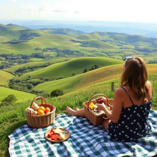 Lush green hills rolling into the distance, a woman sitting on a blanket enjoying a picnic with a panoramic view of the countryside, her basket full of fruit and cheese.