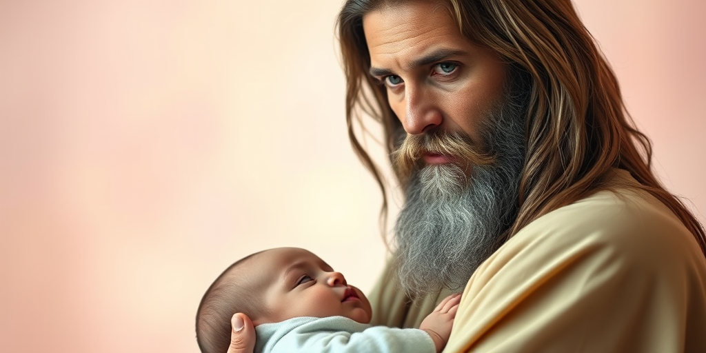 Portrait of a serene figure with long hair and a beard holding an infant, soft pastel colors in the background, bright halo effect, soft focus, Canon EOS R5, ISO 100, f/1.8, 50mm lens, natural lighting, dreamy atmosphere.