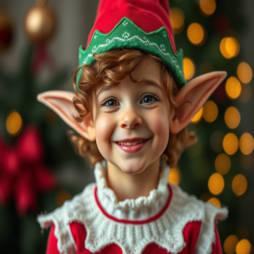 Create a high-resolution image of a cheerful elf with curly hair and pointed ears wearing an elf hat and a festive outfit, captured with a Canon EOS R5 using a 50mm lens at f/1.8, ISO 100, in portrait mode with soft lighting for an enchanting look.