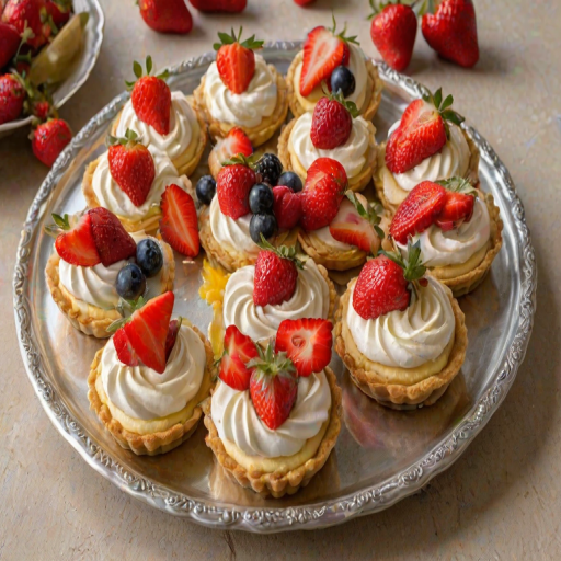 Create an image of delicious fruit tarts featuring a golden meringue topping, fresh strawberries, and a creamy custard filling, arranged beautifully on a silver platter.