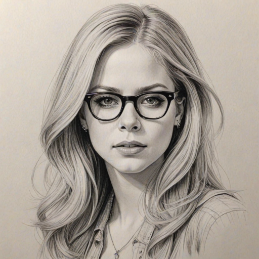 Exquisite Avril Lavigne, pencil sketch, portrait of Enchanting woman 1939s in glasses, hair style beatnik, outline, clear lines, fine lines, 8k