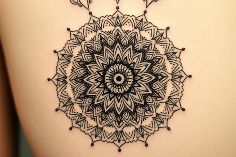 Dotwork mandala tattoo called "Cosmic Symmetry" featuring intricate patterns radiating from a central point with gradual shading created by thousands of precisely placed dots forming a mesmerizing circular design