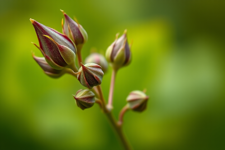 macro shot of plant buds on a blurred green background, f/2.8, 1/100s, ISO 200, 100mm lens, natural light, DSLR camera