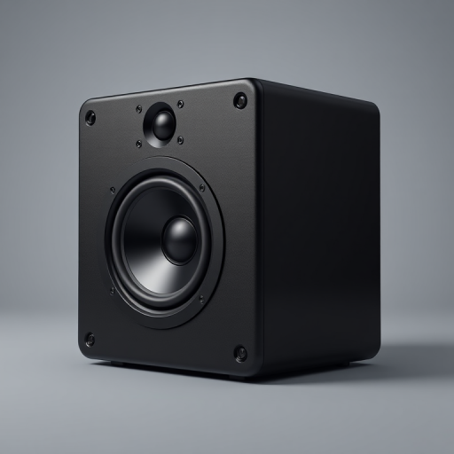 Create a realistic 3D rendering of a black speaker with two large circular woofers, using a high-resolution camera at f/2.8 aperture, ISO 100, 50mm lens, shot from a slightly elevated angle with soft box lighting for enhanced detail and texture.