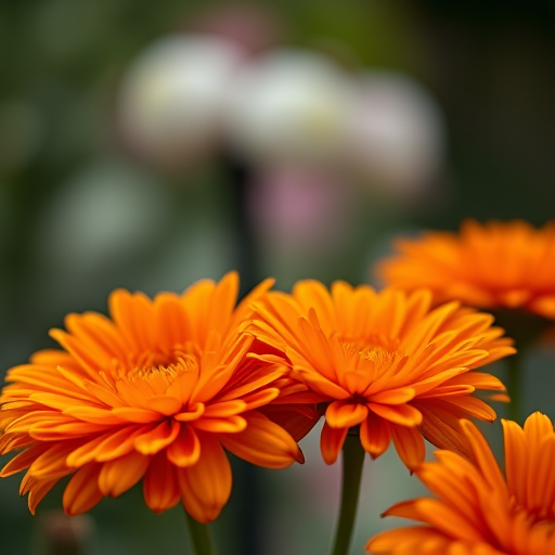 close-up shot of orange chrysanthemums with soft background blur, aperture f/2.8, shutter speed 1/250s, ISO 100, DSLR camera, macro lens, natural light