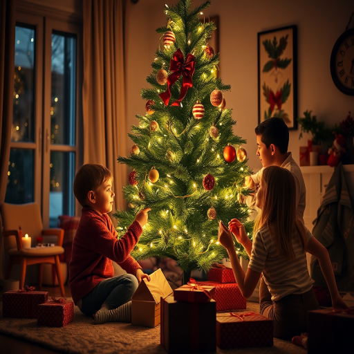 Warm, softly lit image of a family decorating a Christmas tree, soft glow from the string lights illuminating their faces, with presents and festive decorations scattered around.